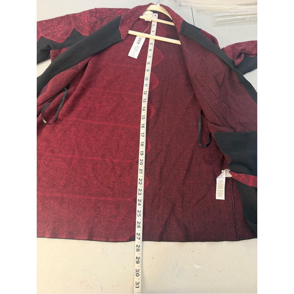 Chico's Open-Front Black Cardigan with Wine Red Patterned Accents 2 NWT - Picture 8 of 10